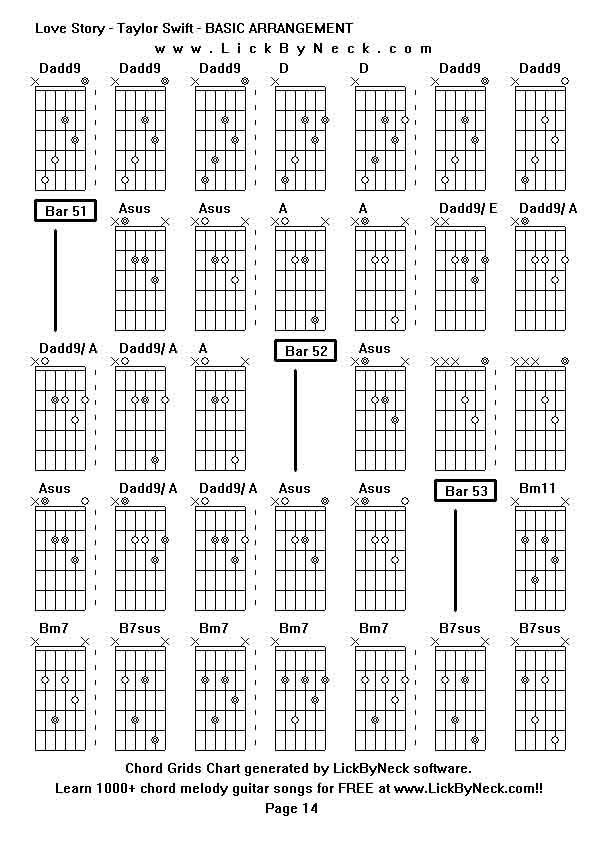 Chord Grids Chart of chord melody fingerstyle guitar song-Love Story - Taylor Swift - BASIC ARRANGEMENT,generated by LickByNeck software.